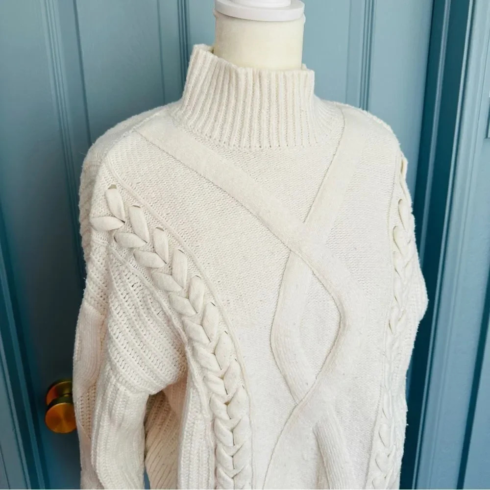 Elizabeth and James Cable Knit Cream Turtleneck Crop Sweater - Picture 4 of 9